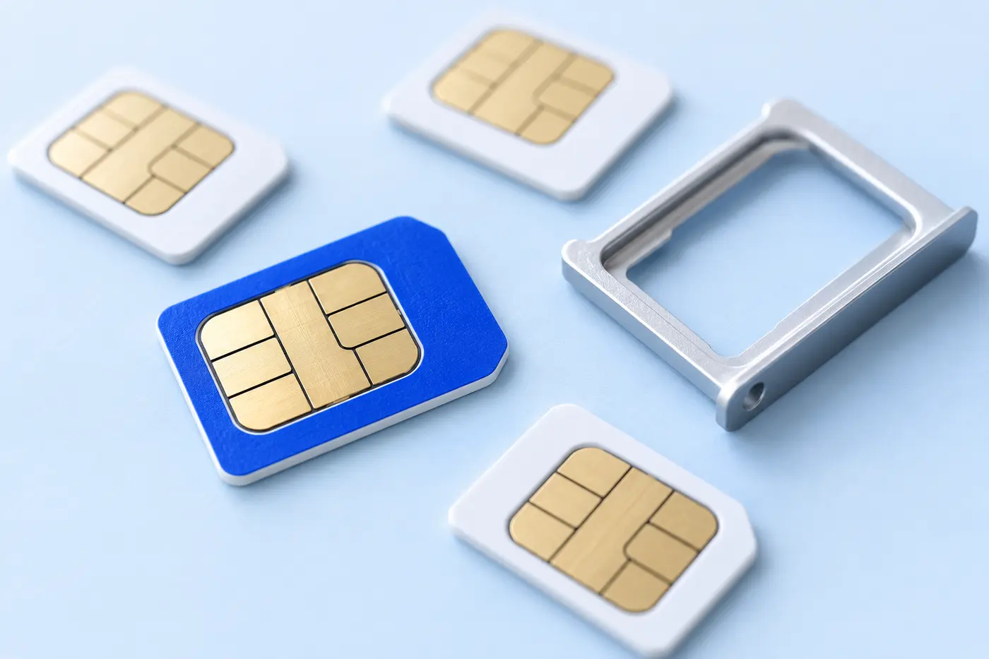 Nano-SIM kártyák és SIM-tálca világoskék felületen