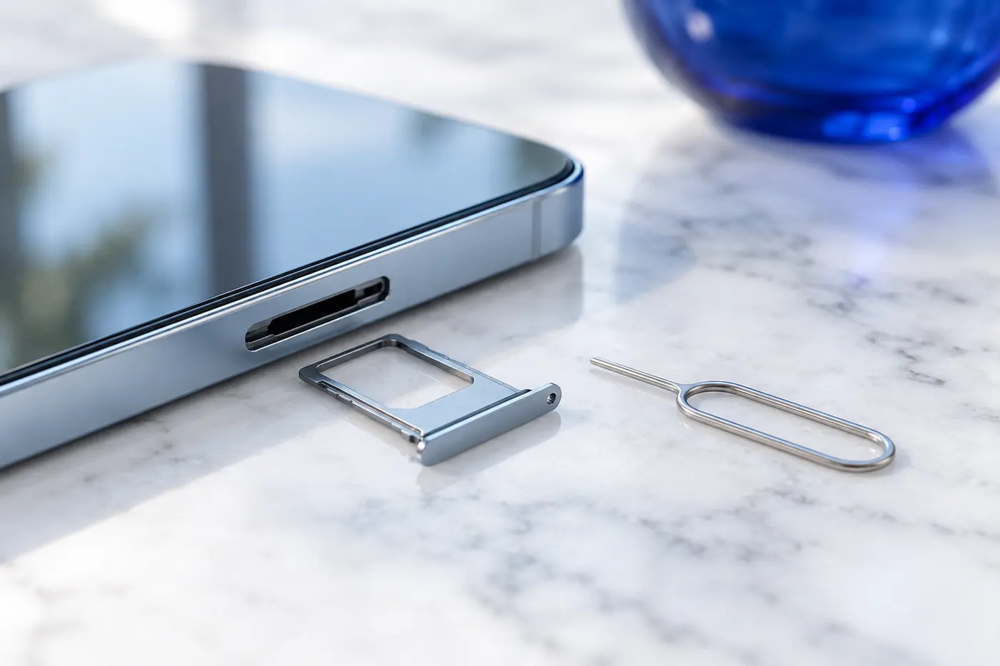 Kinyitott SIM-tálca és kitűzőtű egy telefon mellett